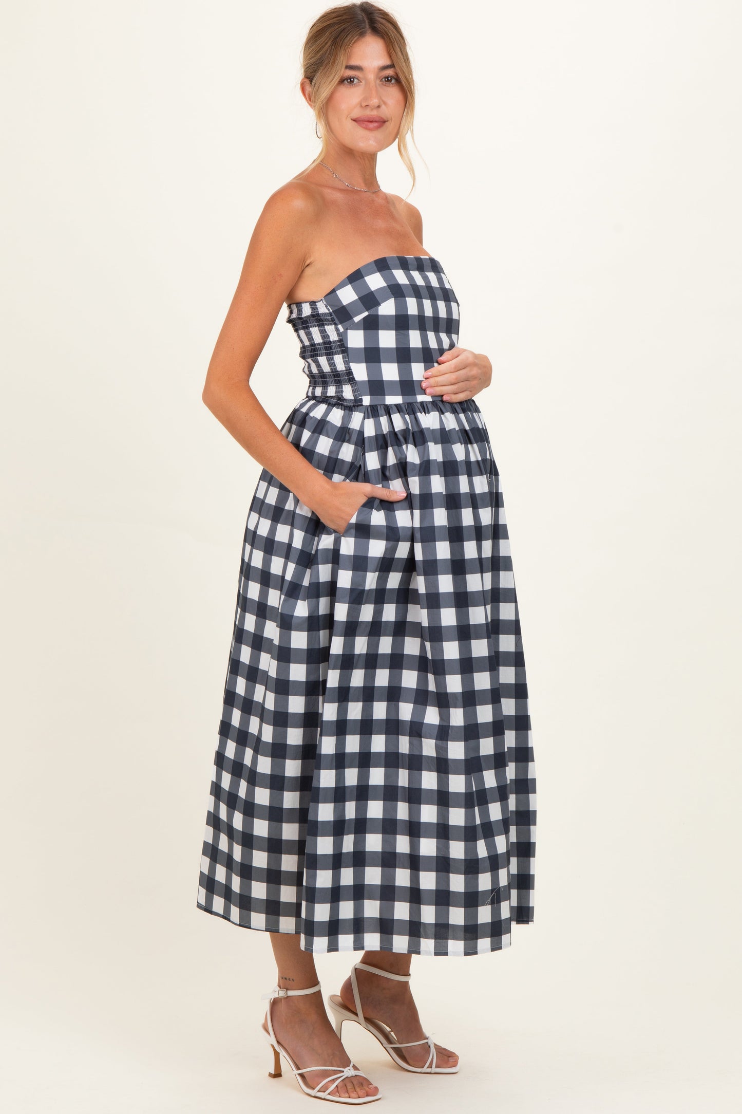 Navy Gingham Strapless Maternity Midi Dress
