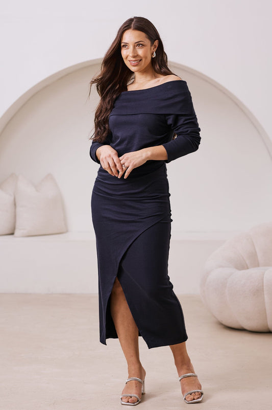 Megan Off Shoulder Midi Dress Navy