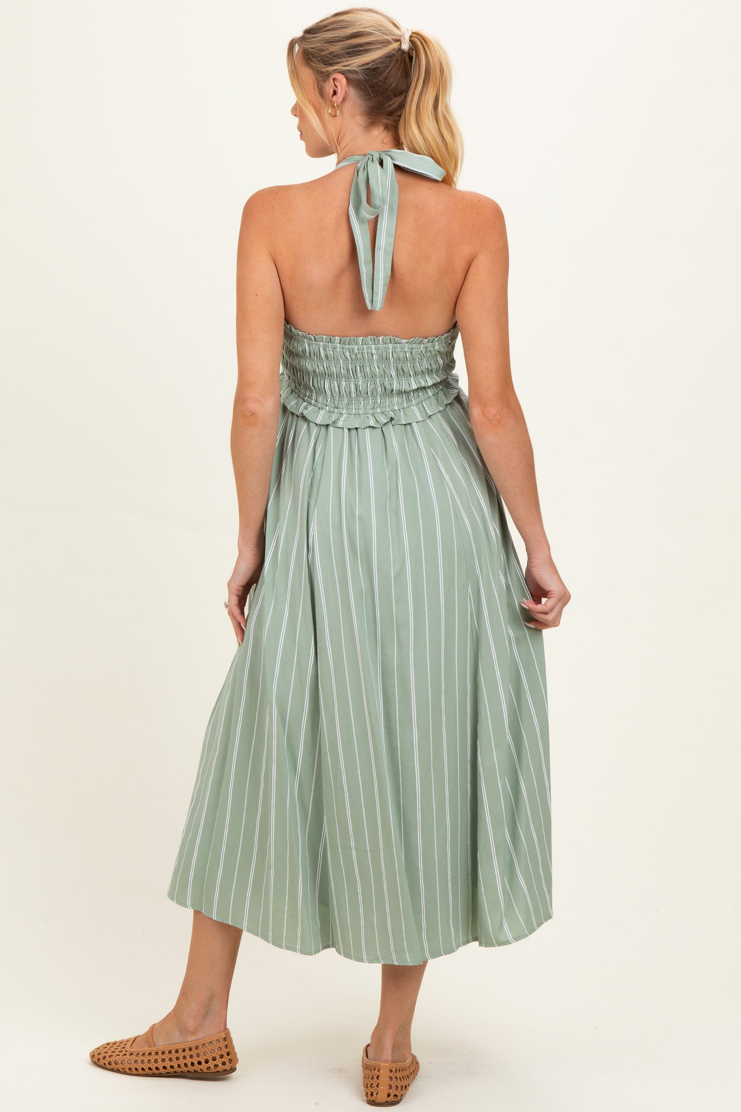 Eucalyptus Striped Smocked Halter Maternity Midi Dress