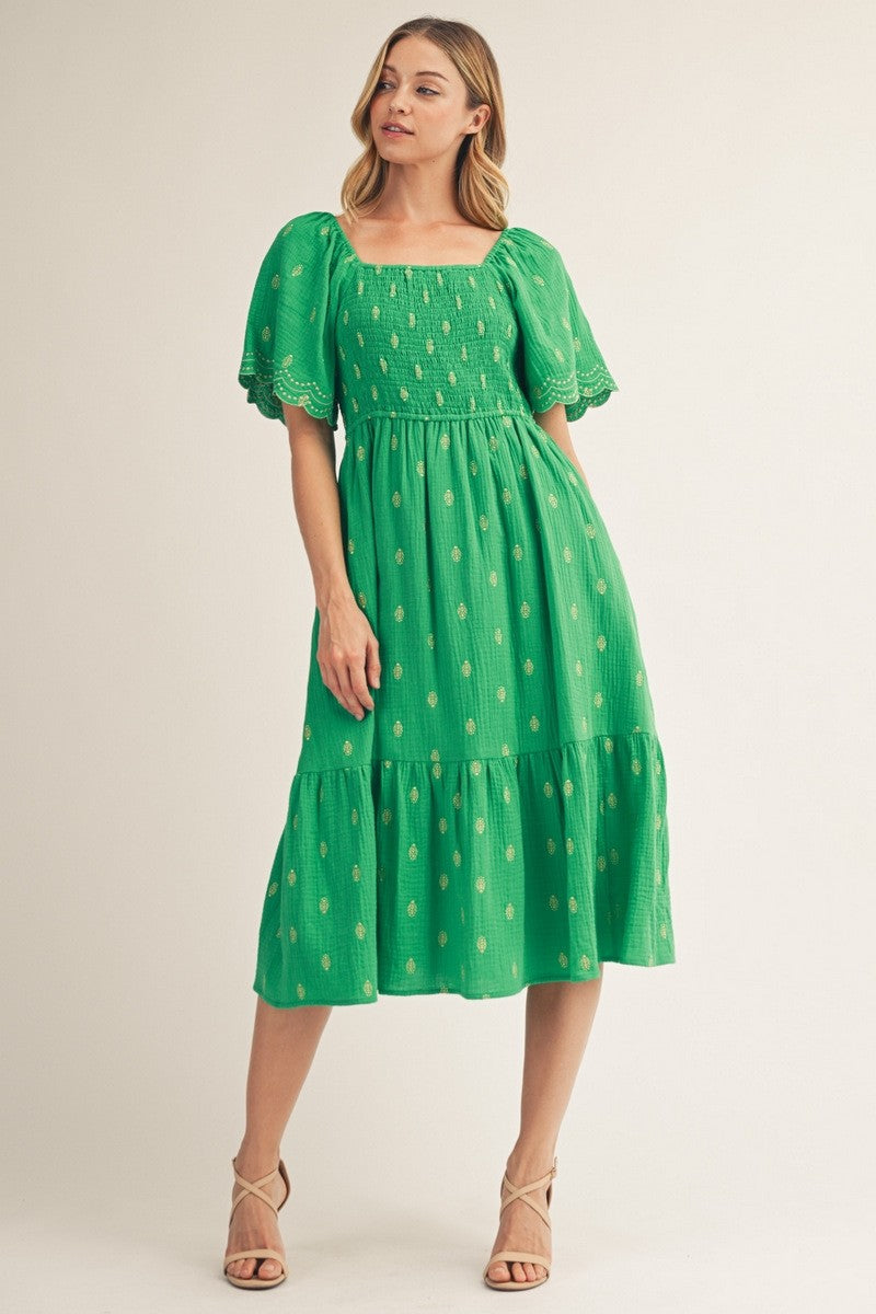 Kelly Green Smocked Embroidered Maternity Midi Dress