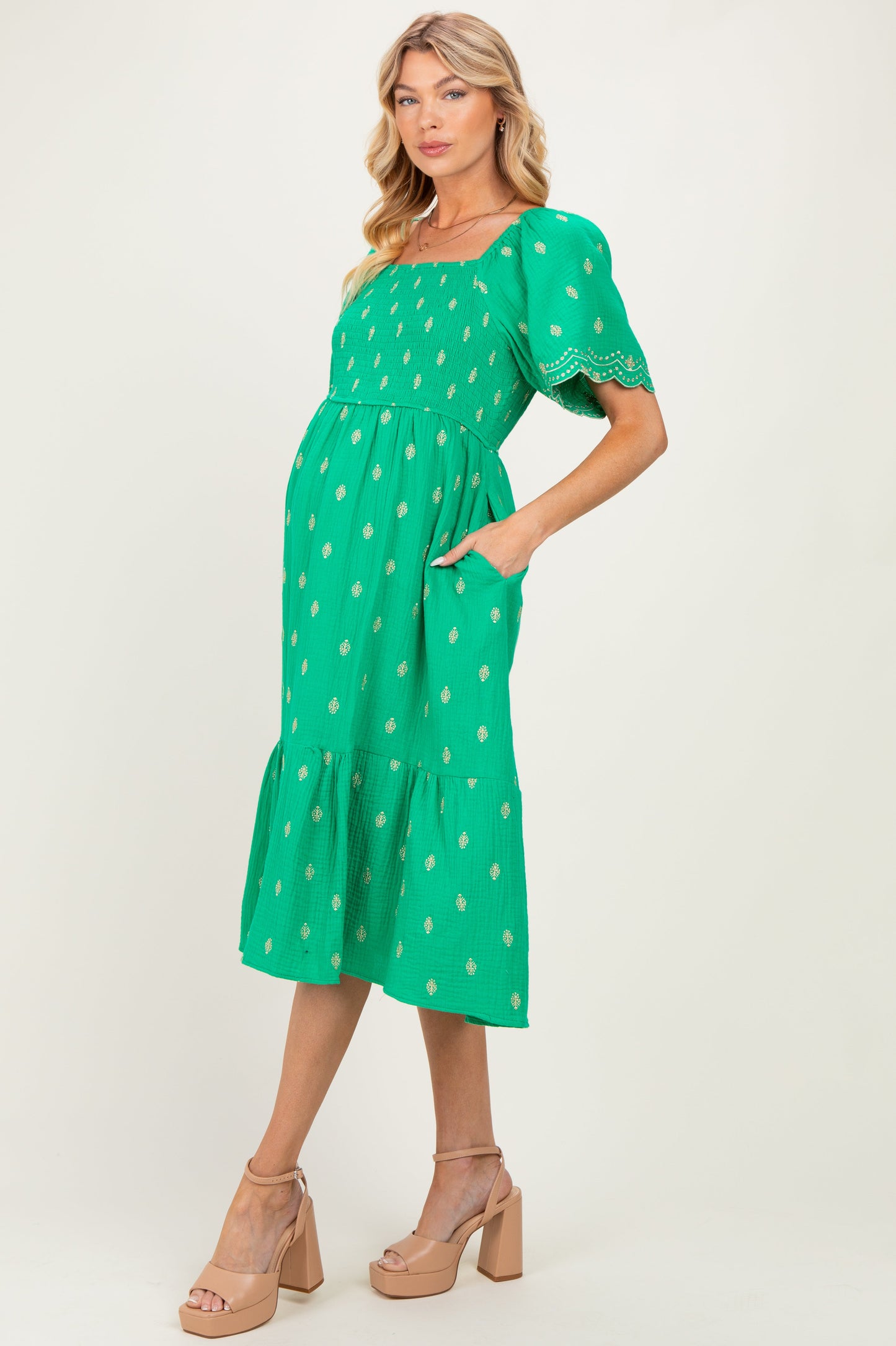 Kelly Green Smocked Embroidered Maternity Midi Dress