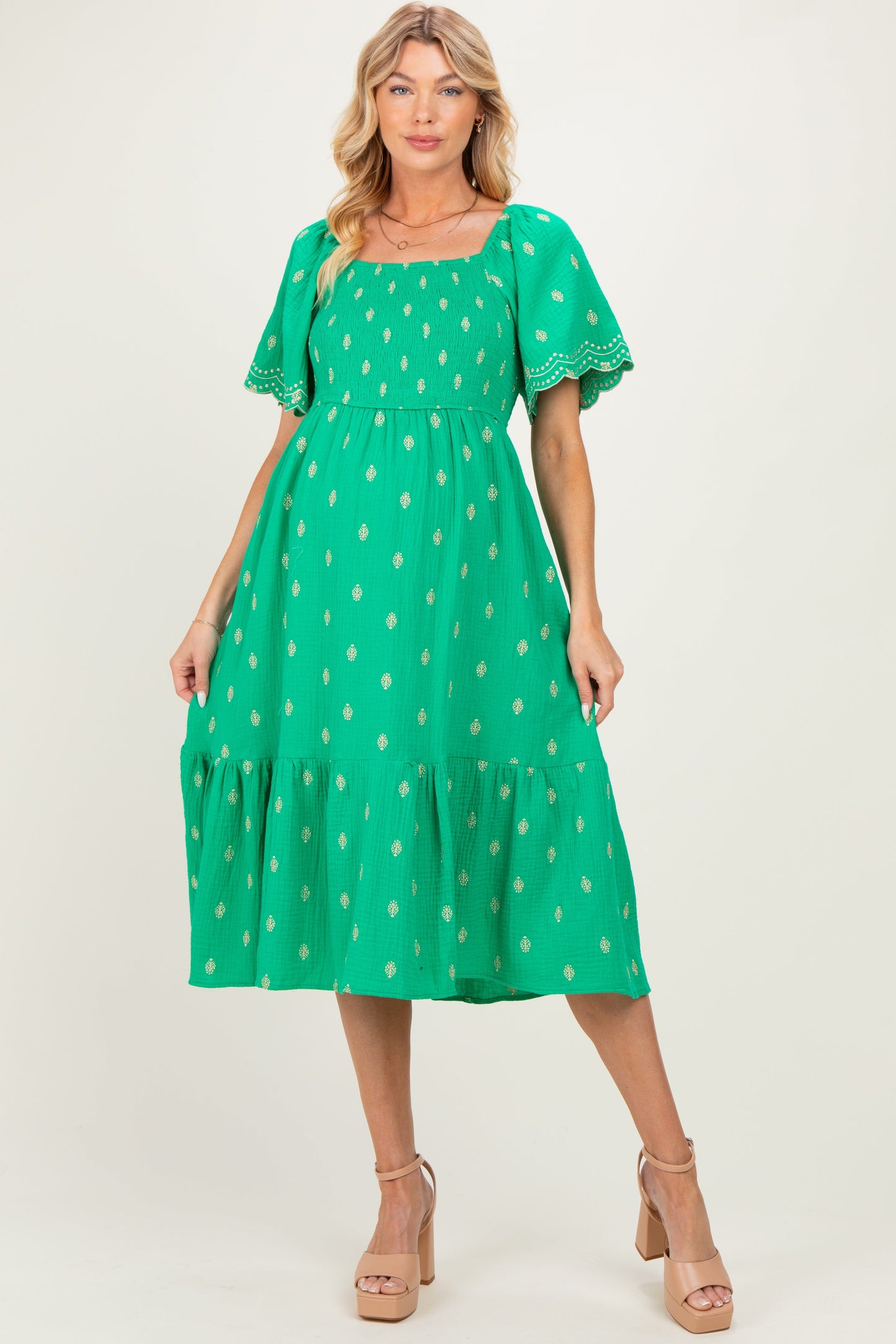 Kelly Green Smocked Embroidered Maternity Midi Dress