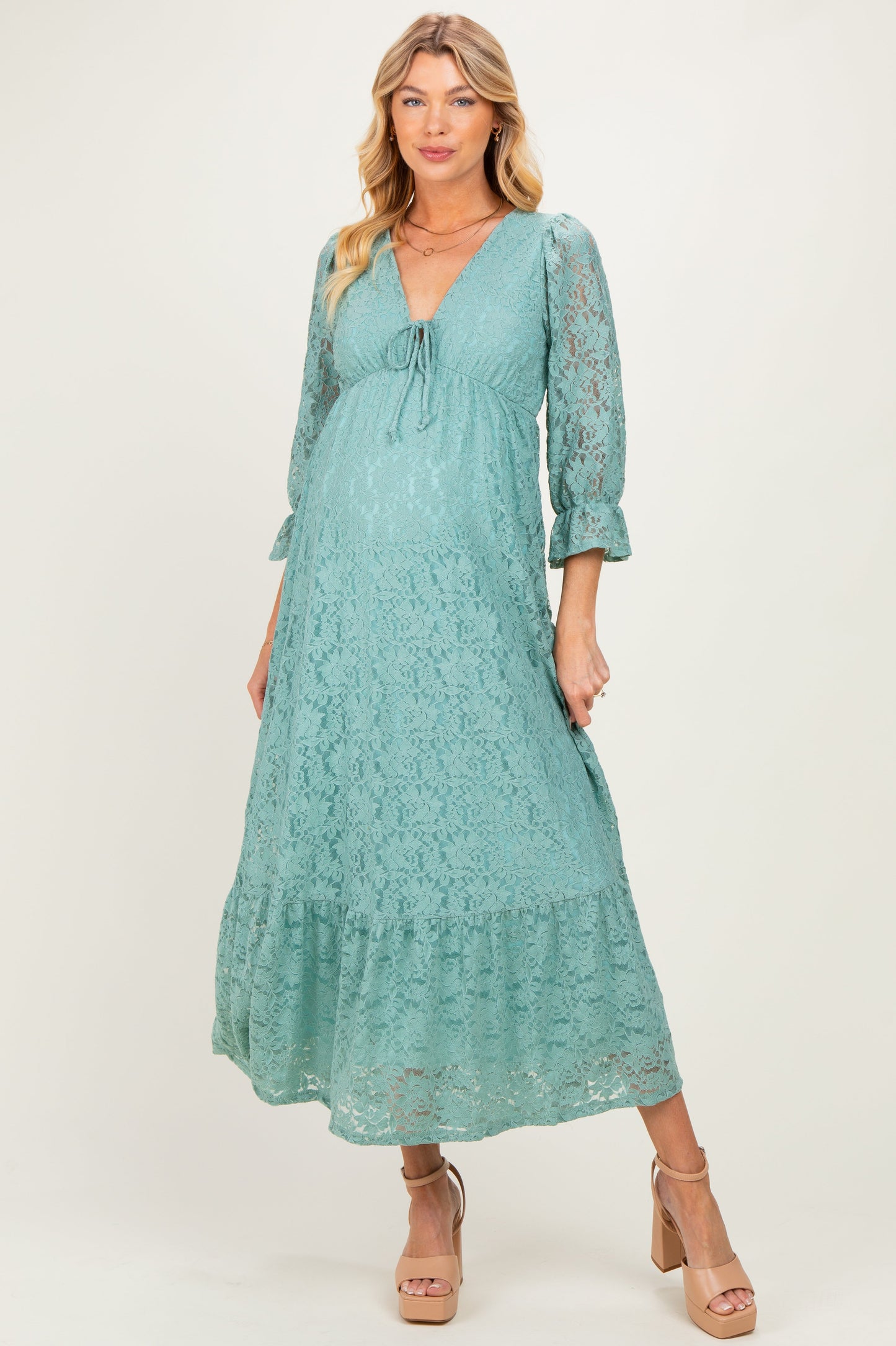 Blue Floral Lace 3/4 Ruffle Sleeve V-Neck Maternity Maxi Dress
