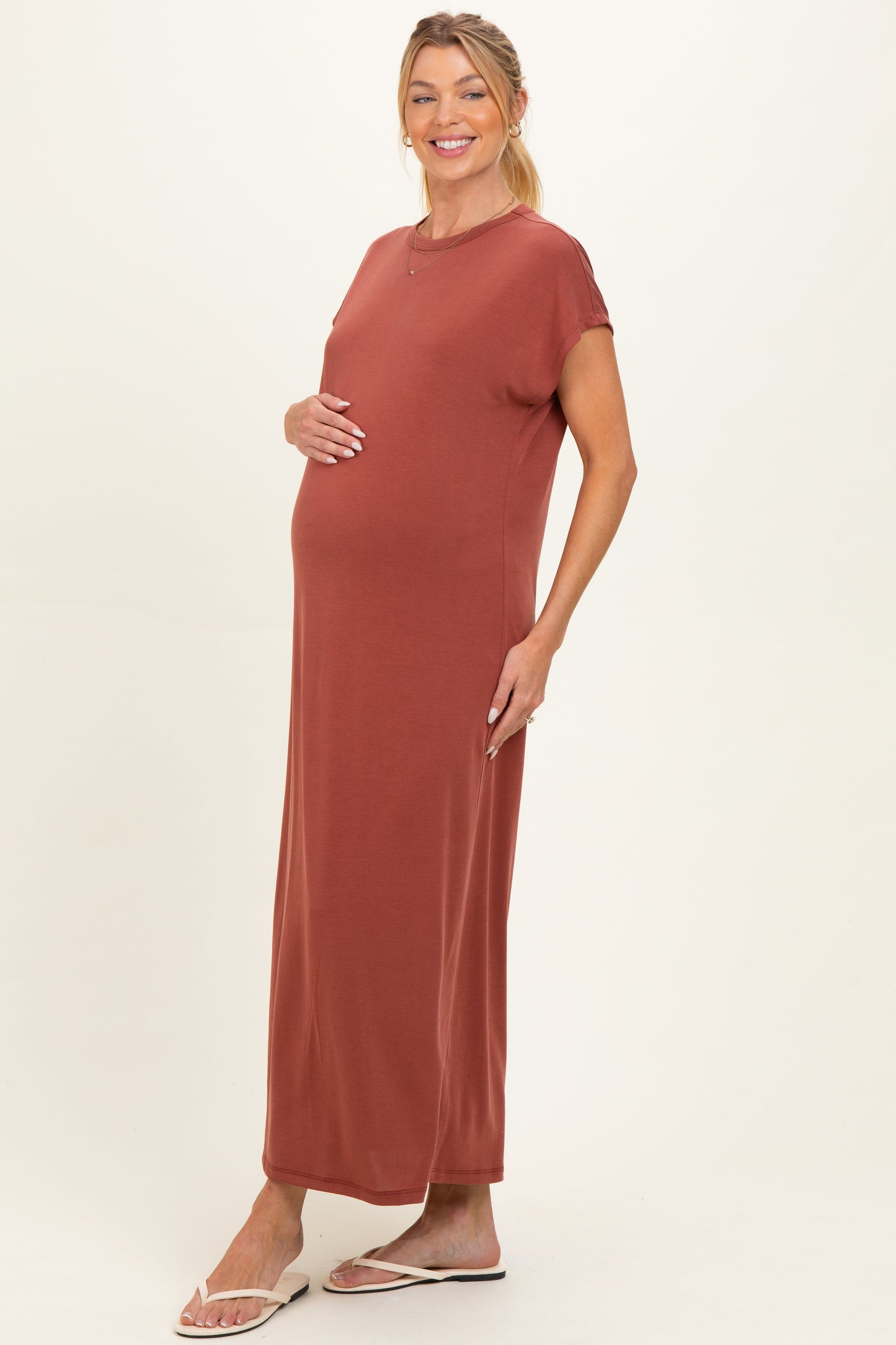 Brick Boxy Side Slit Maternity Maxi Dress