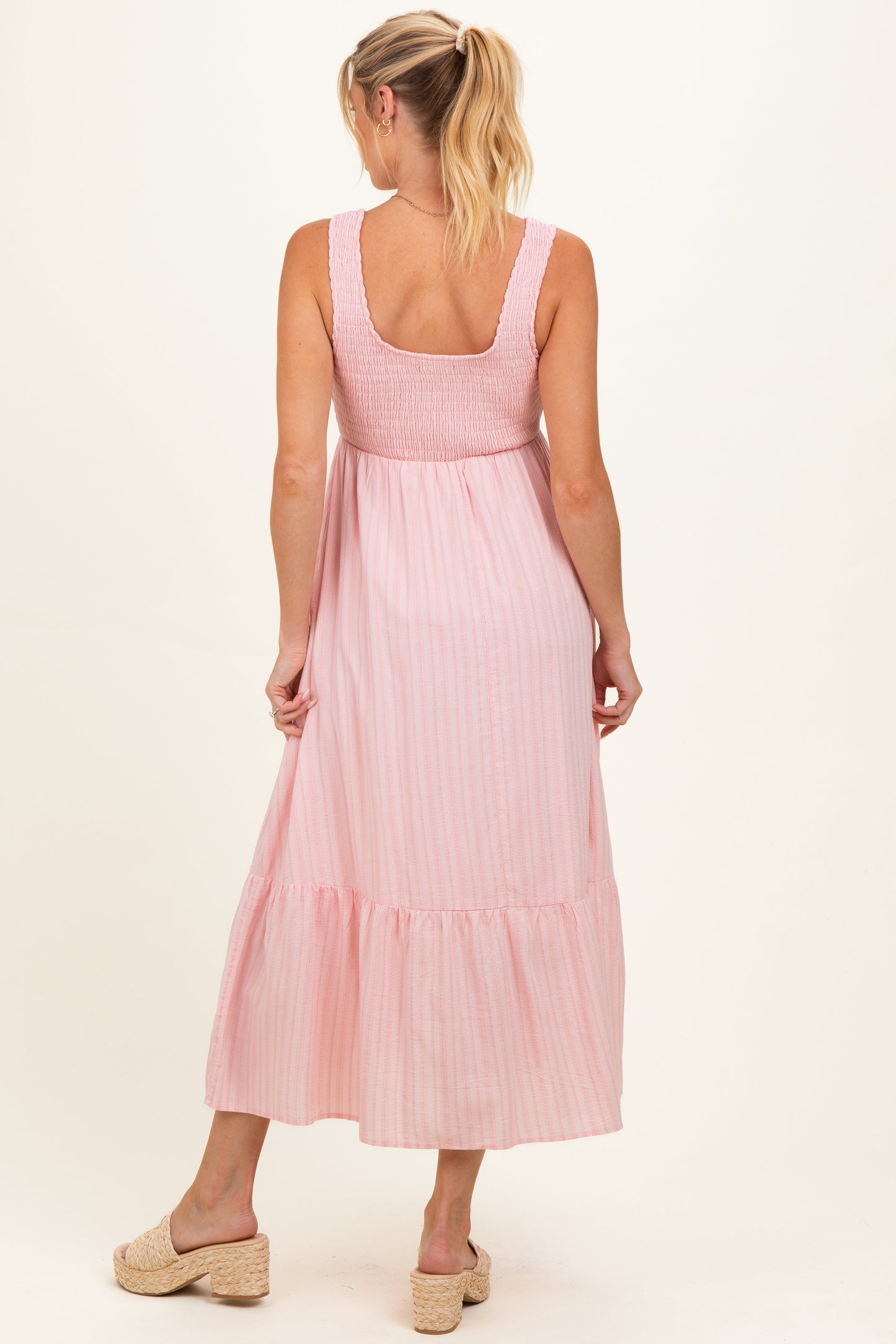 Pink Smocked Striped Sleeveless Maternity Maxi Dress