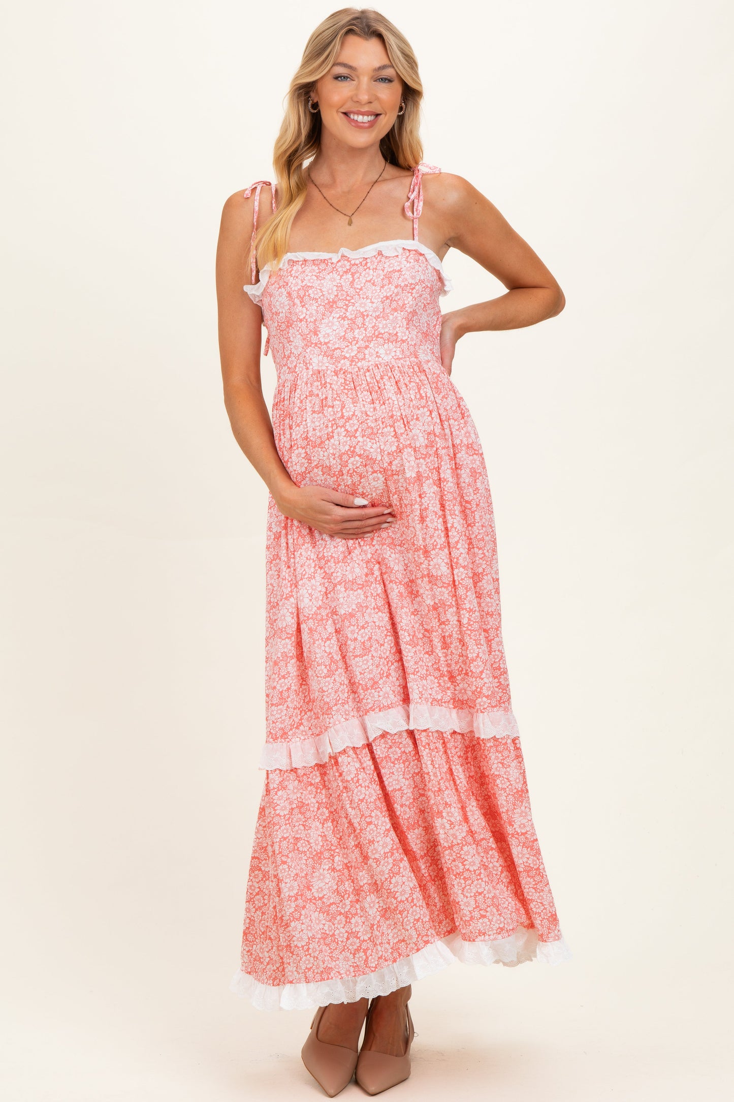 Candy Pink Floral Shoulder Tie Ruffle Detail Maternity Maxi Dress