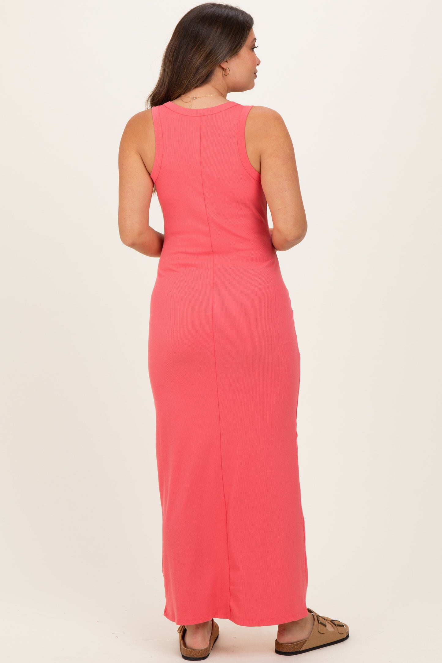 Pink Sleeveless Ribbed Maxi Maternity Dress