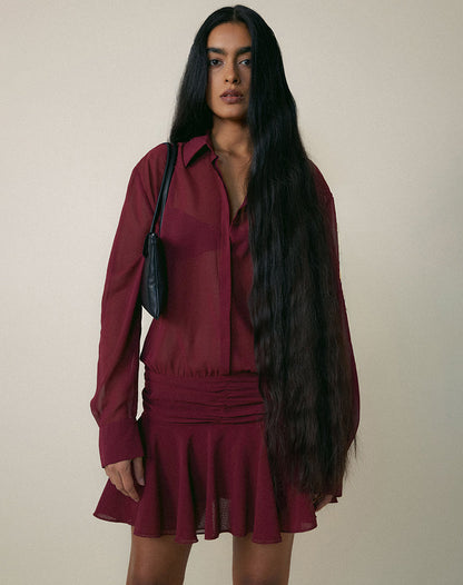 Azphira Long Sleeve Button Up Playsuit in Burgundy