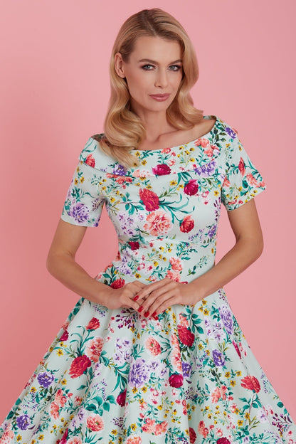 Darlene Floral Roses Swing Dress in Green