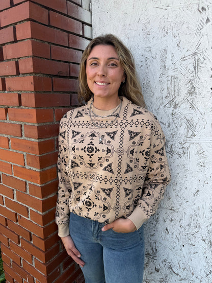 Rock & Roll Cowgirl Women's Tan Brown Bandana Print Crew Neck Long Sleeve BW91T09360