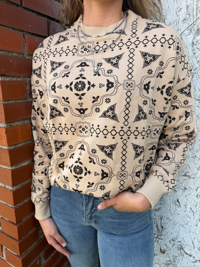 Rock & Roll Cowgirl Women's Tan Brown Bandana Print Crew Neck Long Sleeve BW91T09360