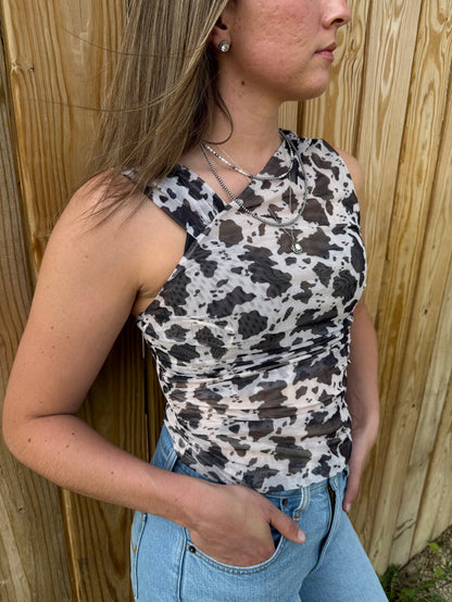 Rock & Roll Cowgirl Women's Cowhide Print Sleeveless Ruched Mesh Top BW20T09364