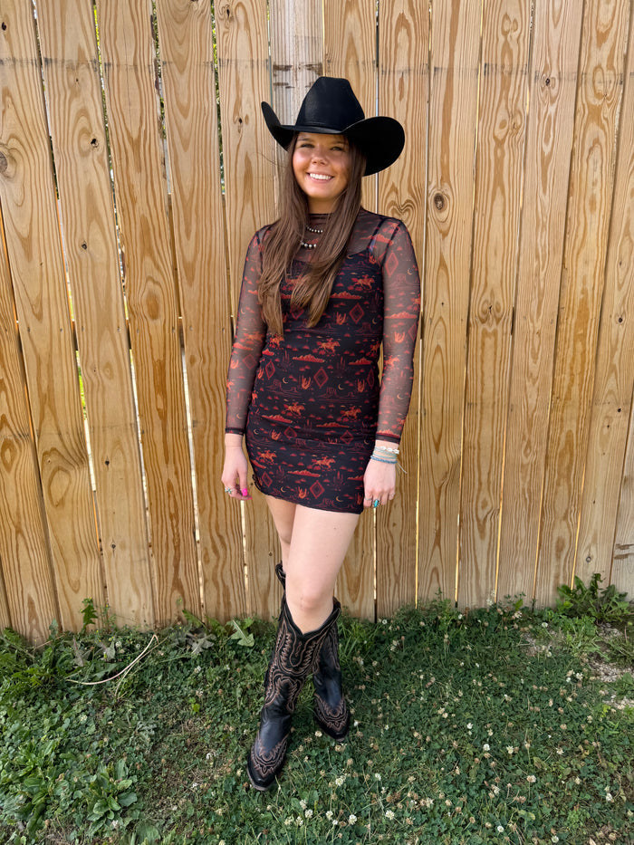 Rock & Roll Cowgirl Women's Black Western Desert Print Long Sleeve Mesh Mini Dress BWD2R09362