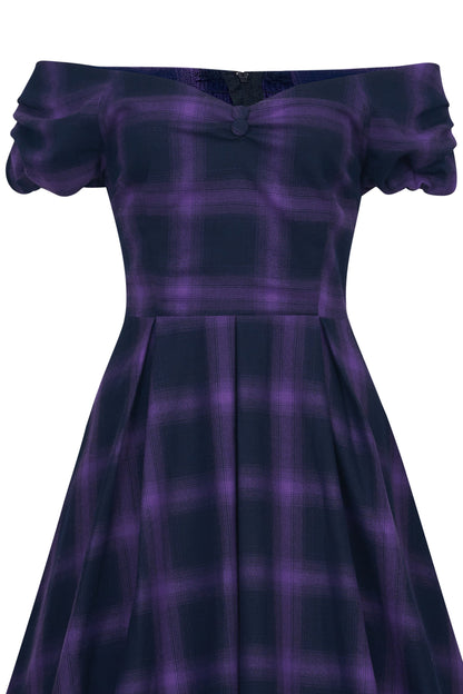 Lily Purple Tartan Check Off-Shoulder Swing Dress