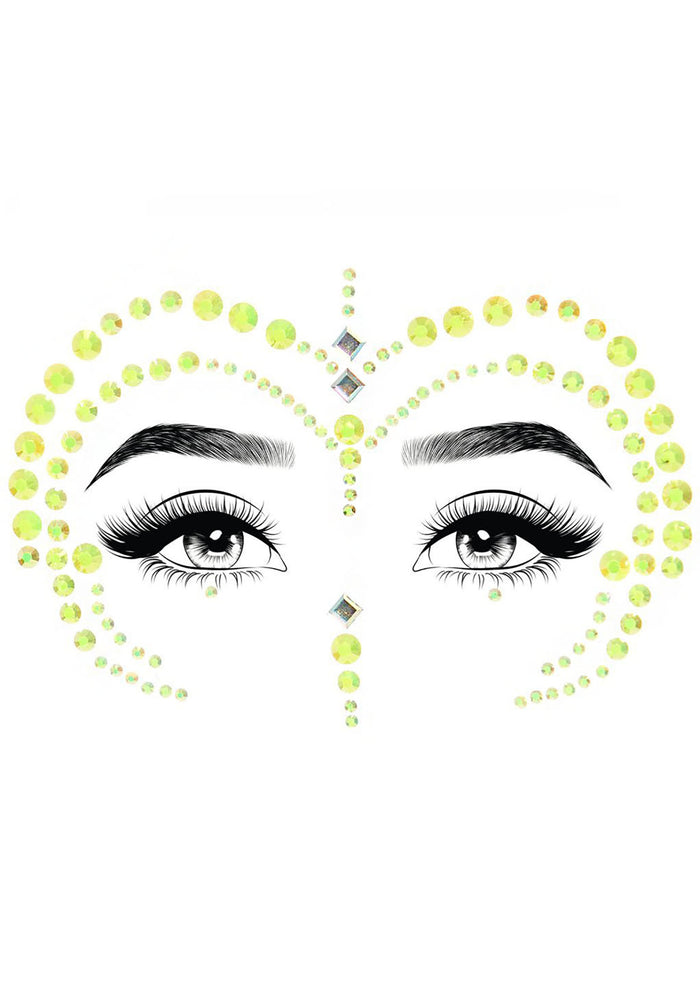 Leg Avenue Alien Queen Face Jewels in green with self-adhesive cosmic crystals on festival rave cosplay accessory — detail view