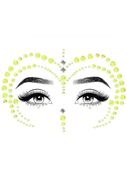 Leg Avenue Alien Queen Face Jewels in green with self-adhesive cosmic crystals on festival rave cosplay accessory — detail view