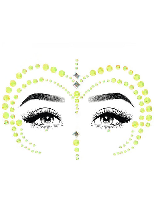 Leg Avenue Alien Queen Face Jewels in green with self-adhesive cosmic crystals on festival rave cosplay accessory — detail view