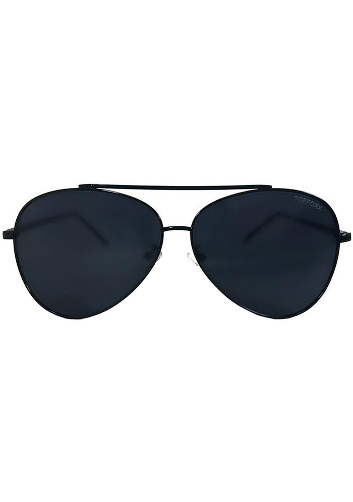 TopFoxx Amelia Sunglasses in jet black with metal aviator frame and black smoke lenses on festival sunglasses — front view