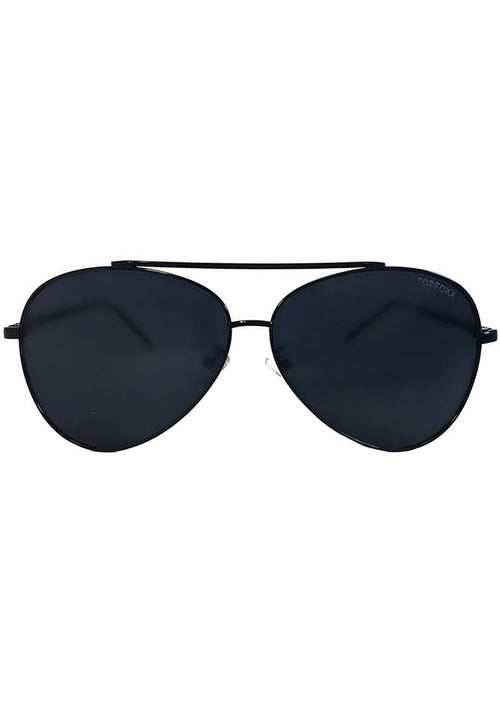 TopFoxx Amelia Sunglasses in jet black with metal aviator frame and black smoke lenses on festival sunglasses — front view