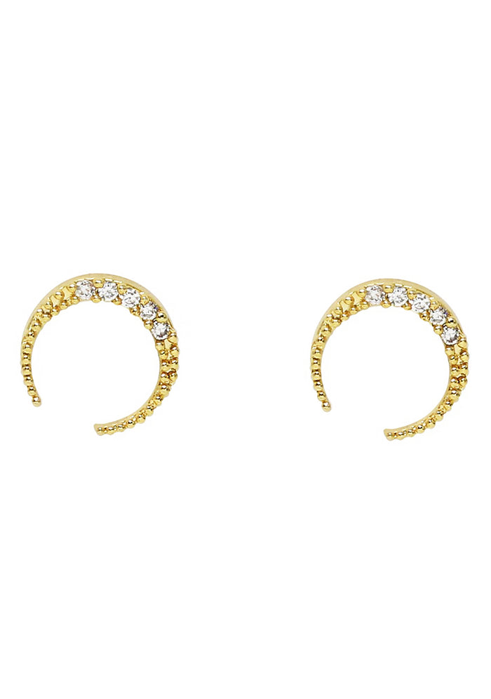 Ettika An Added Touch Crystal Mini Earrings in gold with cubic zirconia crescent moon design on festival earrings — front view