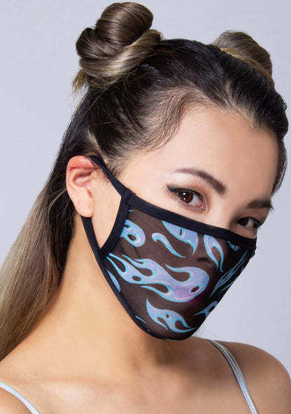 BGlittz Arctic Flame Dust Mask in multi with arctic flame print on mesh and breathable nylon rave festival face mask — model side view