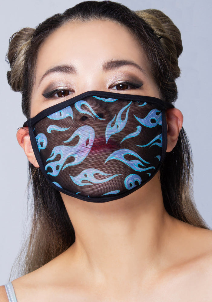 BGlittz Arctic Flame Dust Mask in multi with arctic flame print on mesh and breathable nylon rave festival face mask — model view
