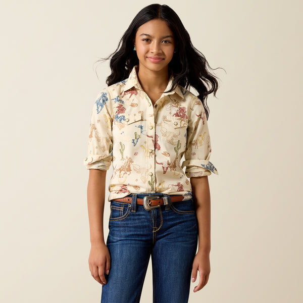Ariat Girl's Ranch Tale Tan Desert Run Print Pearl Snap Long Sleeve Western Shirt 10079597