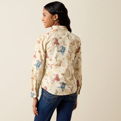 Ariat Girl's Ranch Tale Tan Desert Run Print Pearl Snap Long Sleeve Western Shirt 10079597