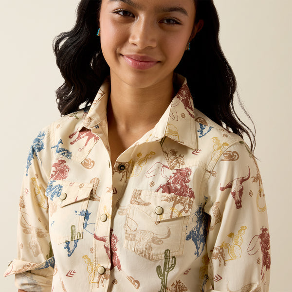 Ariat Girl's Ranch Tale Tan Desert Run Print Pearl Snap Long Sleeve Western Shirt 10079597
