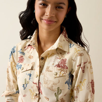 Ariat Girl's Ranch Tale Tan Desert Run Print Pearl Snap Long Sleeve Western Shirt 10079597