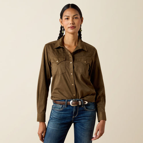 Ariat Women's Autumn Drift Olive Suede Pearl Snap Long Sleeve Western Shirt 10079318