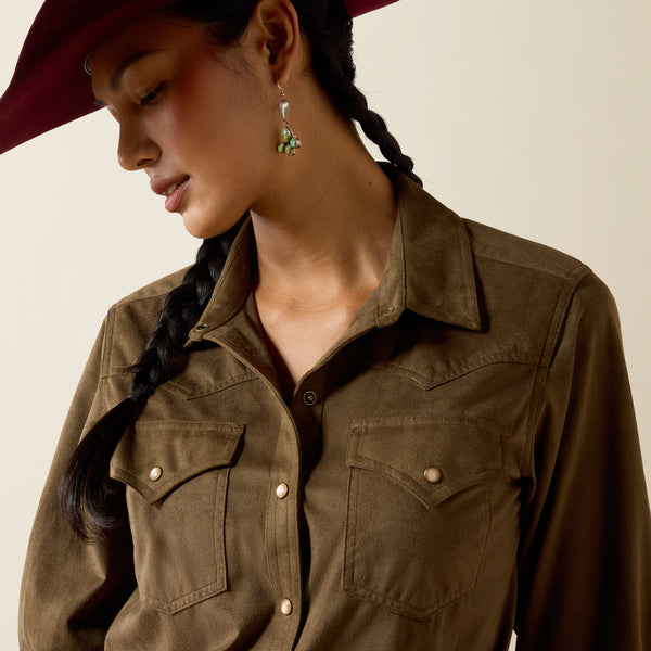 Ariat Women's Autumn Drift Olive Suede Pearl Snap Long Sleeve Western Shirt 10079318