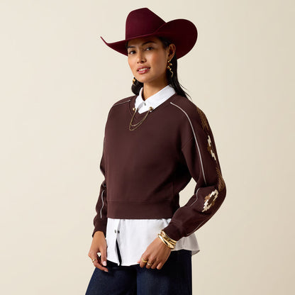 Ariat Women's Dakota Chocolate Plum V-Neck Aztec Embroidered Sweater 10079673
