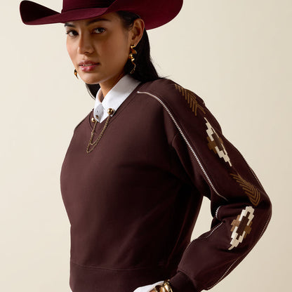 Ariat Women's Dakota Chocolate Plum V-Neck Aztec Embroidered Sweater 10079673