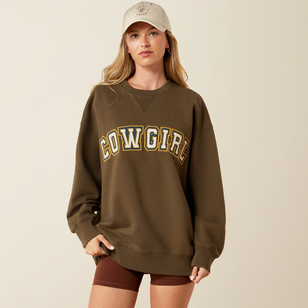 Ariat Women's Ivy Green 'Cowgirl" Patch Embroidered Oversized Pullover Sweatshirt 10079328
