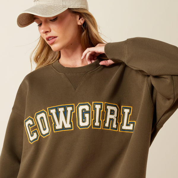 Ariat Women's Ivy Green 'Cowgirl" Patch Embroidered Oversized Pullover Sweatshirt 10079328
