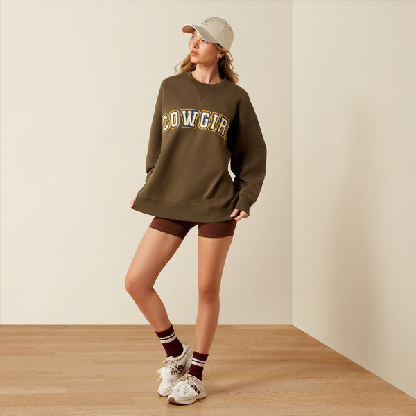 Ariat Women's Ivy Green 'Cowgirl" Patch Embroidered Oversized Pullover Sweatshirt 10079328