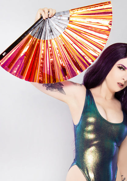 LASR Atomic Phoenix Iridescent Fluid Rave Fan — front view