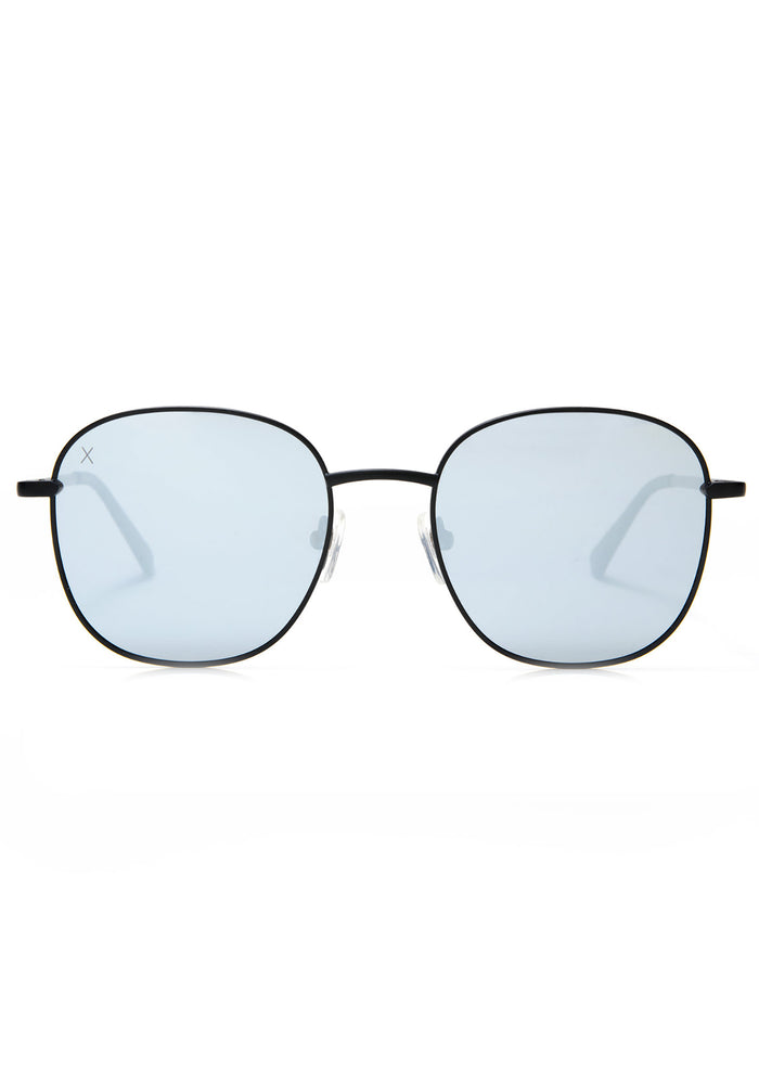 Dime Optics Avalon Sunglasses in matte black grey mirror with retro wire-rimmed round frame on festival sunglasses — front view