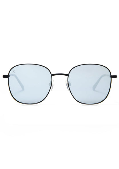 Dime Optics Avalon Sunglasses in matte black grey mirror with retro wire-rimmed round frame on festival sunglasses — front view