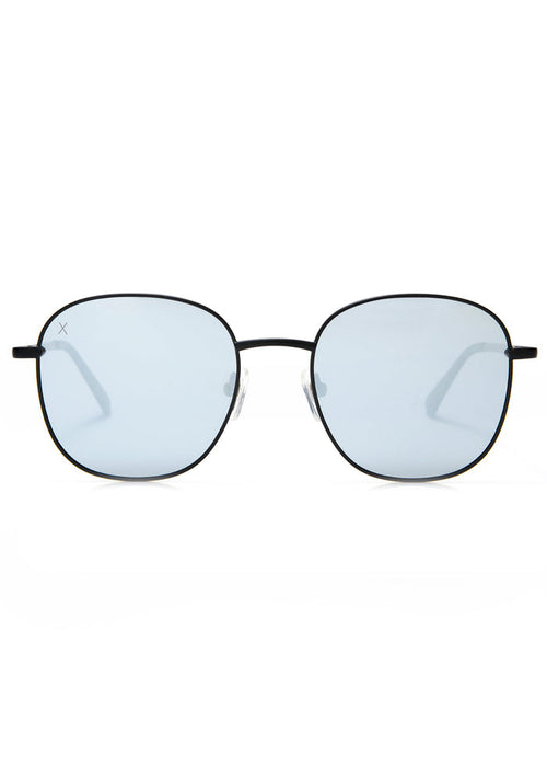 Dime Optics Avalon Sunglasses in matte black grey mirror with retro wire-rimmed round frame on festival sunglasses — front view