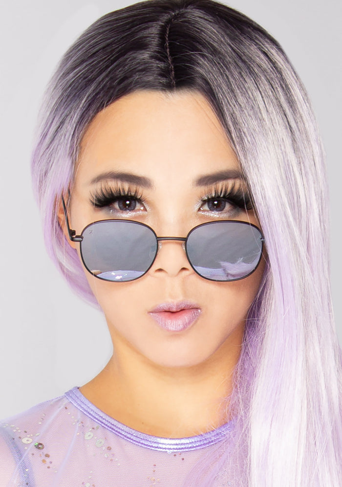 Dime Optics Avalon Sunglasses in matte black grey mirror — model view