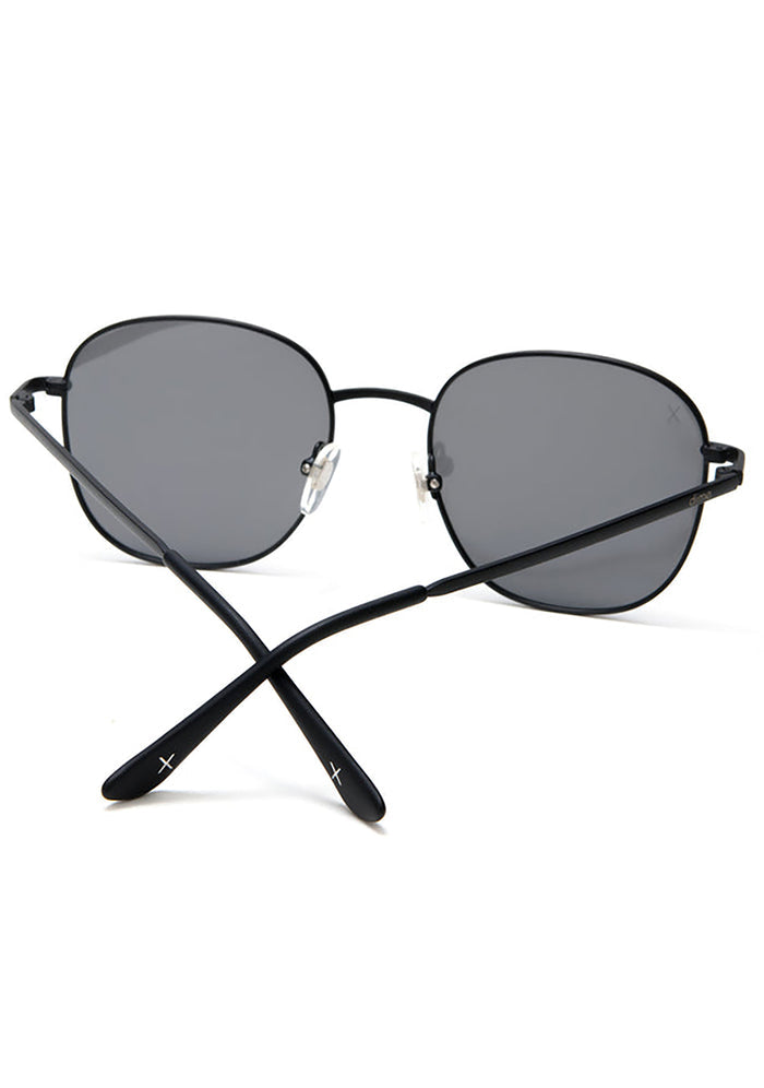 Dime Optics Avalon Sunglasses in matte black grey mirror — back view