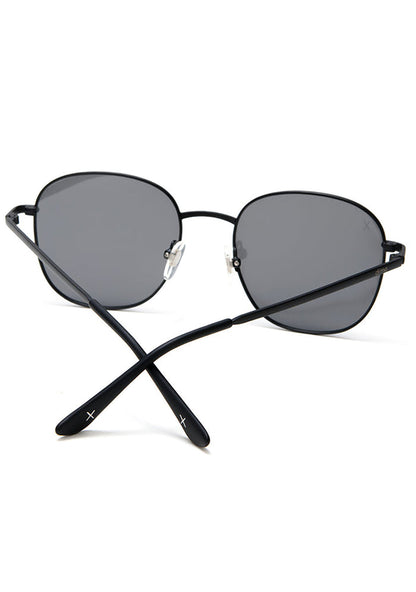 Dime Optics Avalon Sunglasses in matte black grey mirror — back view