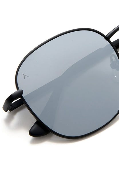 Dime Optics Avalon Sunglasses in matte black grey mirror — detail view