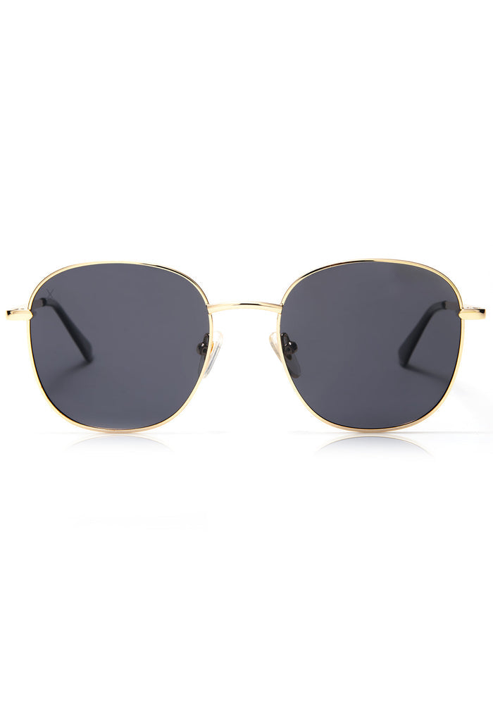 Dime Optics Avalon Sunglasses in matte gold grey with retro wire-rimmed round frame on festival sunglasses — front view