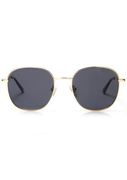 Dime Optics Avalon Sunglasses in matte gold grey with retro wire-rimmed round frame on festival sunglasses — front view