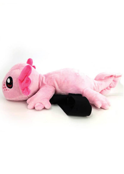 Sleepyville Critters Axolotl Plush Sling Backpack in pink with 3D axolotl plush on kawaii rave festival sling backpack — side view