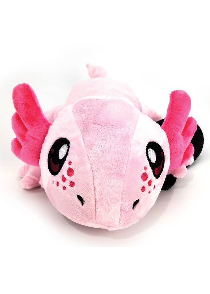 Sleepyville Critters Axolotl Plush Sling Backpack in pink with 3D axolotl plush on kawaii rave festival sling backpack — flat front view