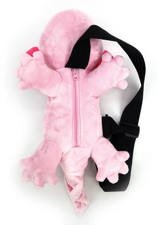 Sleepyville Critters Axolotl Plush Sling Backpack in pink with 3D axolotl plush on kawaii rave festival sling backpack — back view
